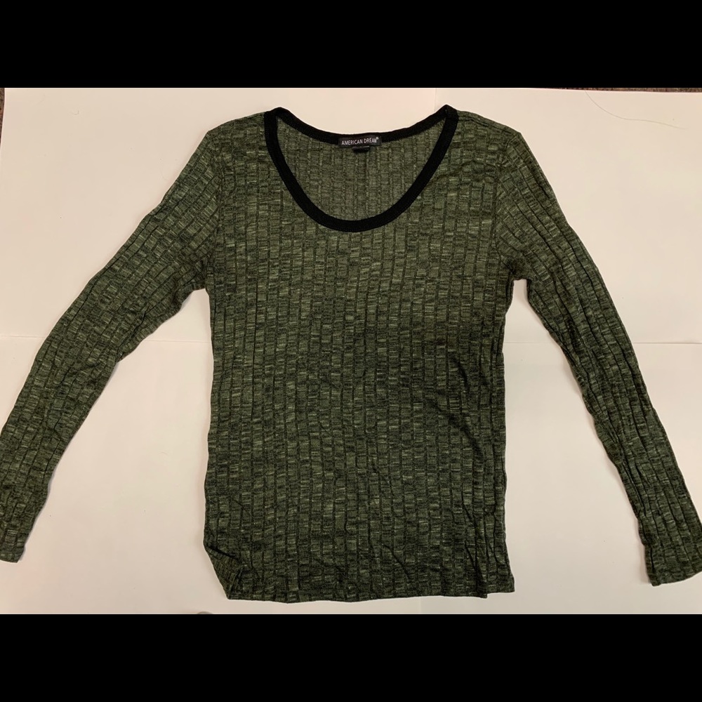 Ribbed Olive Green Scoop Neck Long Sleeve